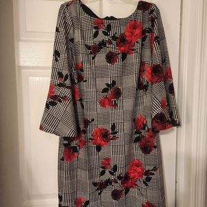 Houndstooth roses midi bell sleeve dress